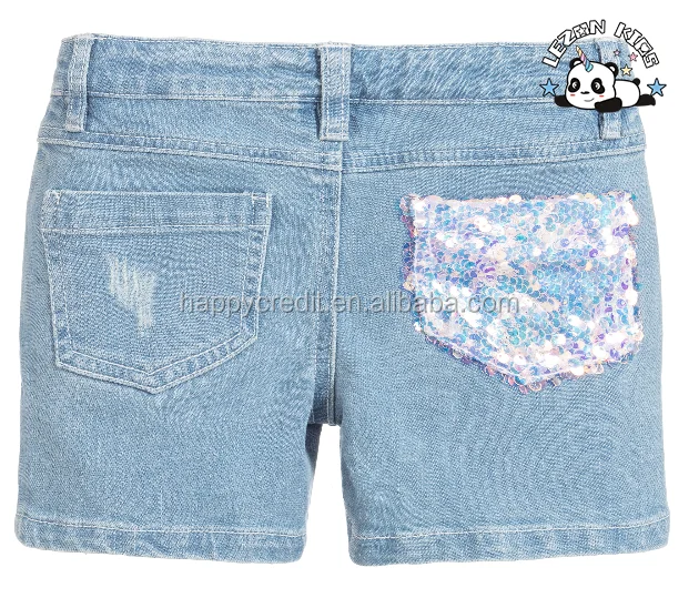 LEZONKIDS - Roupas infantis personalizáveis de algodão jeans com lantejoulas iridescentes rosa e azul claro para meninas